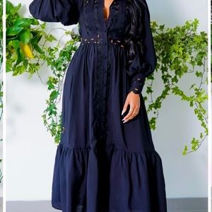 Maxi Black Long Wavy Button Up Dress.